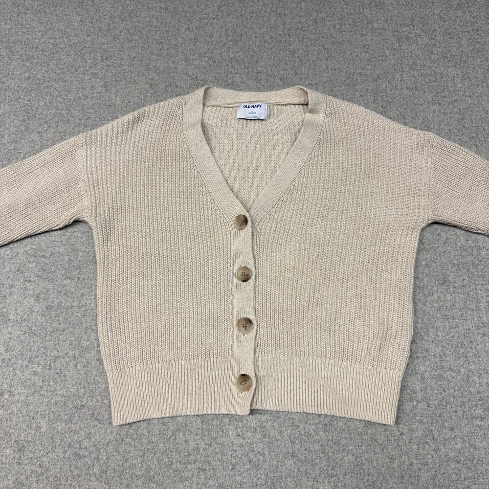 Old Navy Cardigan Sweater Small Beige Linen Blend V-Neck Button Front Ribbed Kni